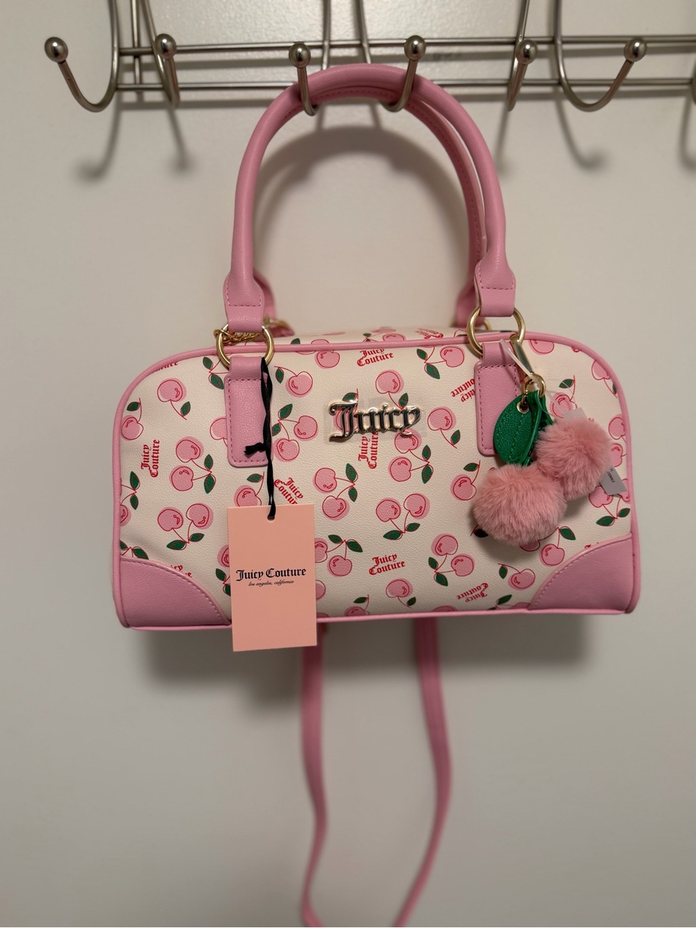 Juicy Couture Pink Cherry Print Satchel with Pom Charm brand new VIRAL with tags